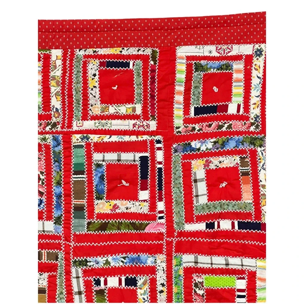 Vintage Handmade Log Cabin Quilt Hand Embroidered Twin 52x70 Folk Art